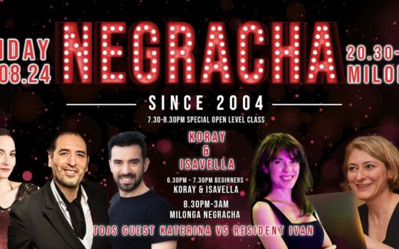 Negracha, World Champions Marcos Roberts & Louise Malucelli Schedule, Milonga Central is on Holiday!